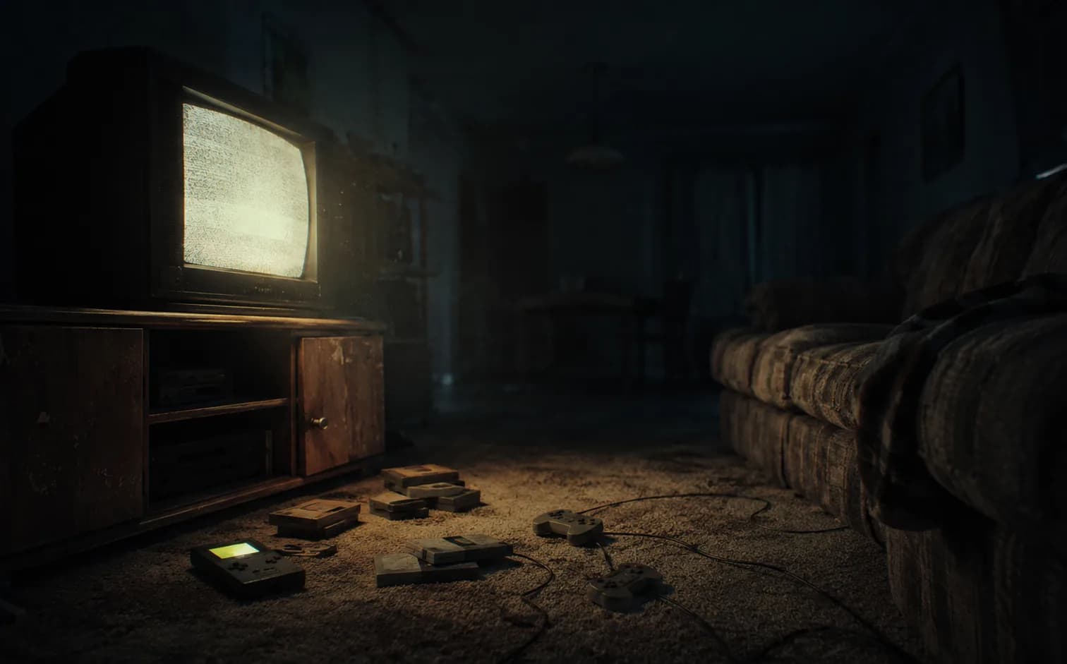 A dark 1990s lounge room lit only by a CRT television, game cartridges and controllers scattered across the carpet