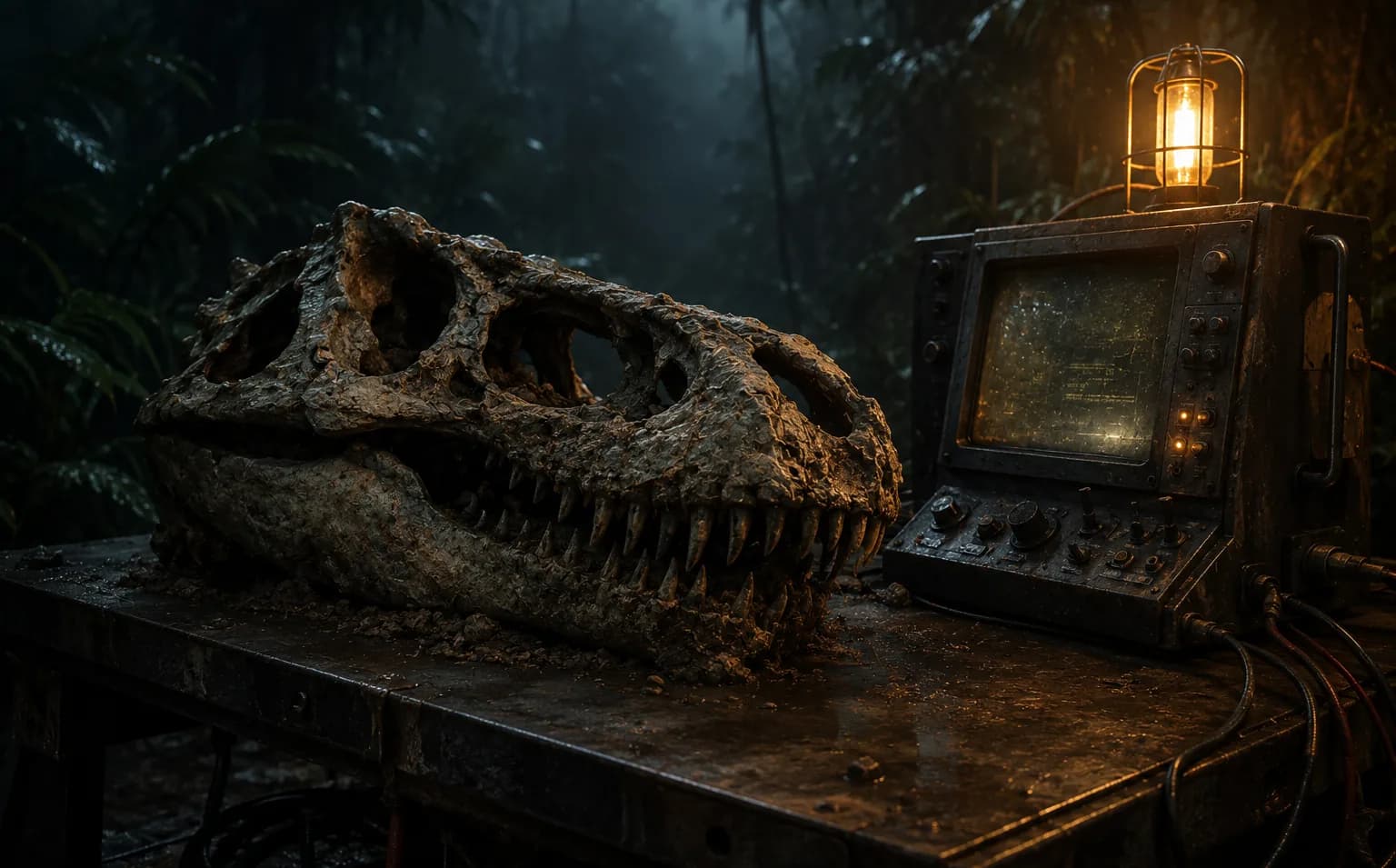 A fossilised predator skull on a wet steel table beside a lit industrial terminal, rainforest and fog behind