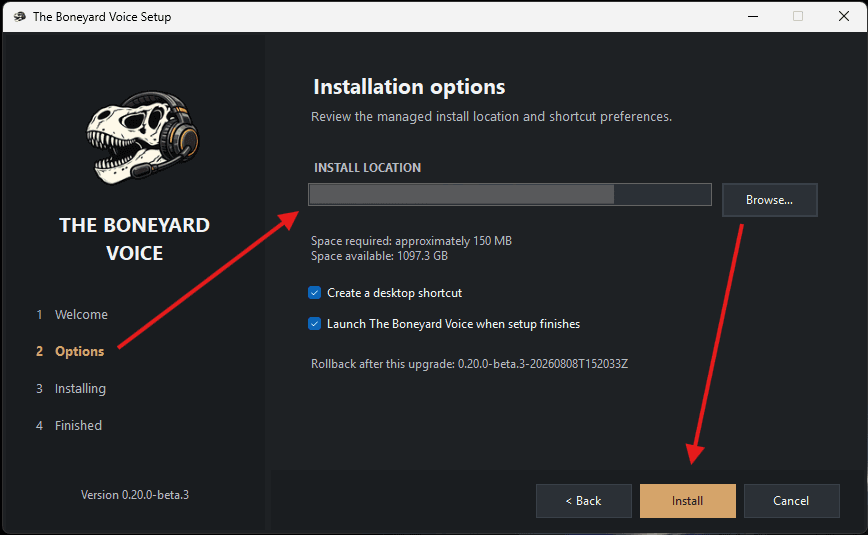Boneyard Voice setup guide step 6: Leave the normal install options selected