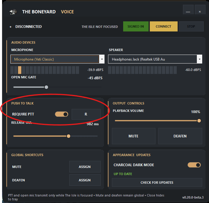Boneyard Voice setup guide step 11: Choose your Push To Talk key